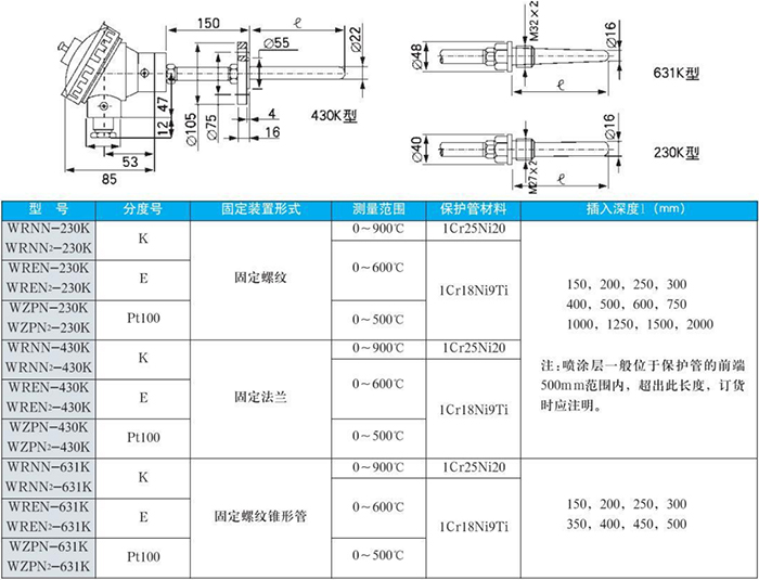 电站测温专用热电偶耐磨规格表