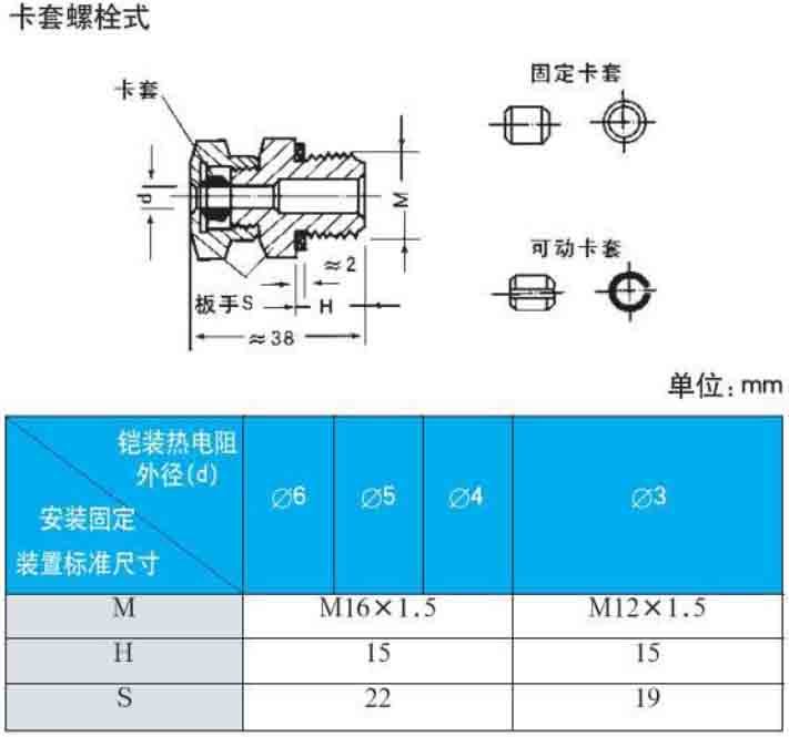 压簧式热电阻卡套螺栓式安装尺寸图