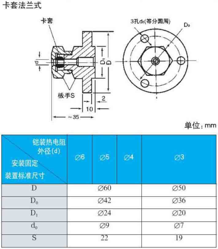 锅炉热电阻卡套法兰式安装尺寸图